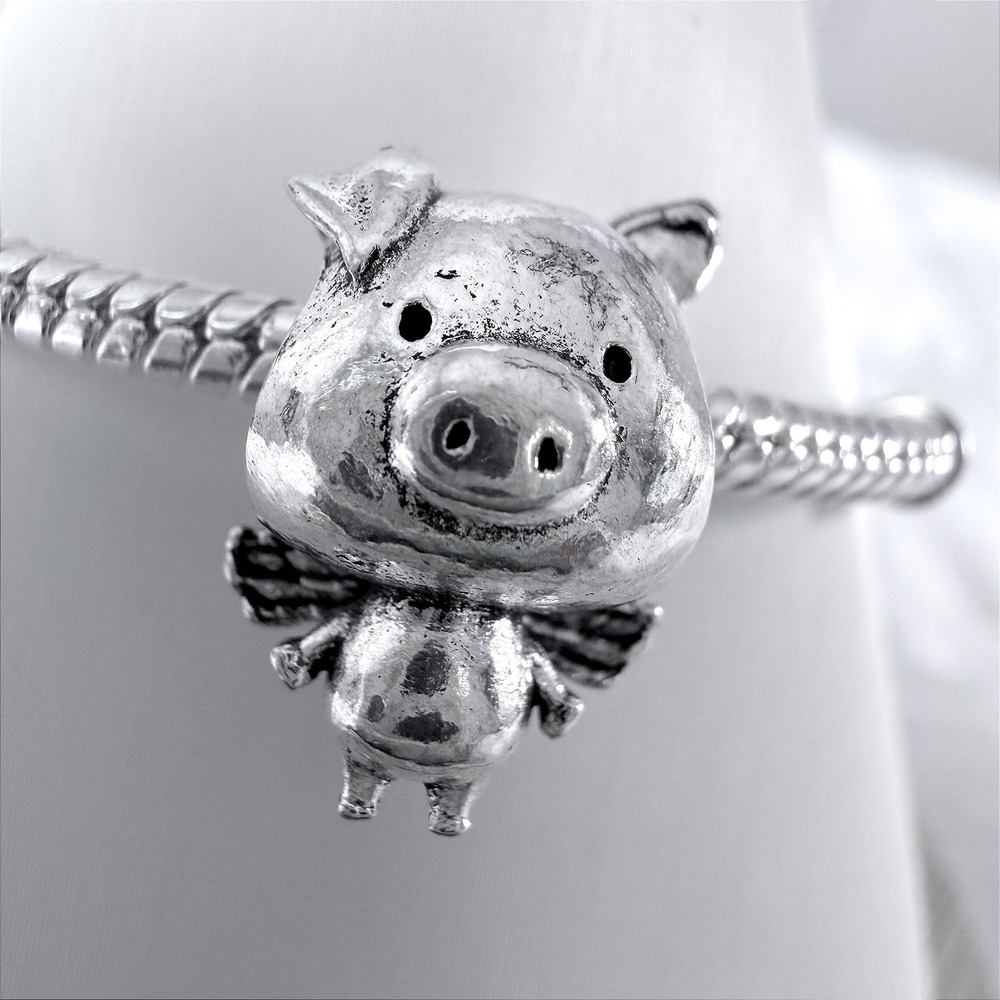 Silver Pig with Wings Bead Charm Fits Snake Chain Bracelet Animal